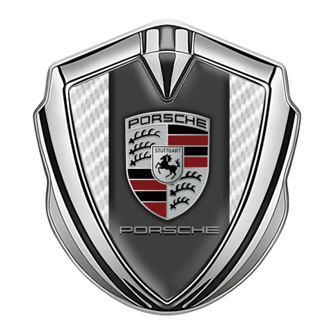 Porsche Emblem Logo Schriftzug Aufkleber Silbertonfarbe mit Weiss Carbon und Klassisch Logo Stil
