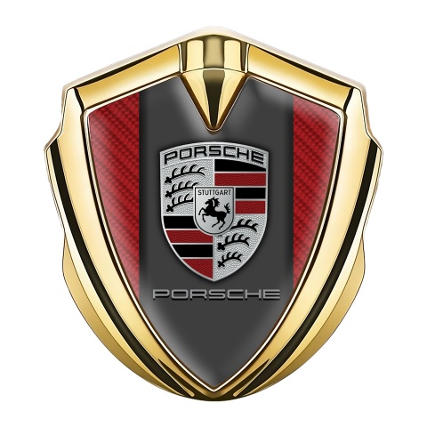 Porsche Seitenflugel Emblem Aufkleber Goldtonfarbe mit Rote Carbon und Klassisch Logo Stil
