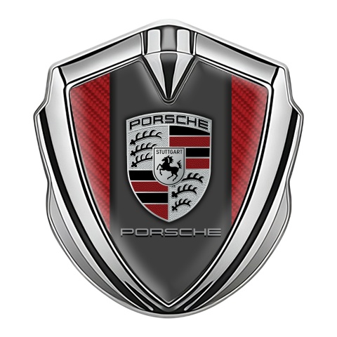 Porsche Seitenflugel Emblem Aufkleber Silbertonfarbe mit Rote Carbon und Klassisch Logo Stil