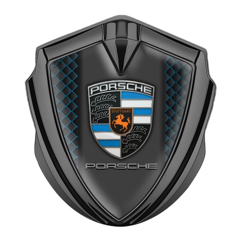 Porsche Emblem Auto Zeichen Graphit Tonfarbe mit Blaue Facette Basis und Klassisch Logo