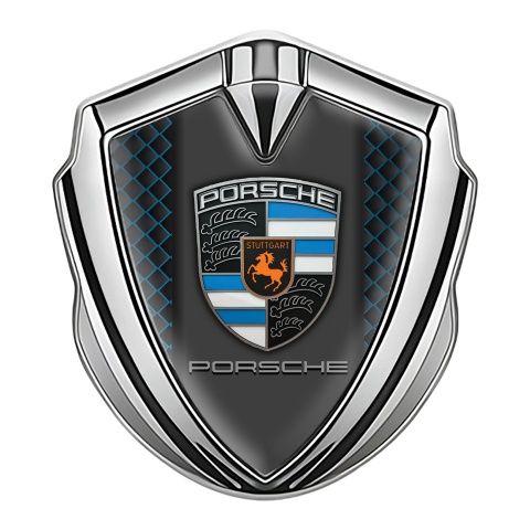 Porsche Emblem Auto Zeichen Silbertonfarbe mit Blaue Facette Basis und Klassisch Logo
