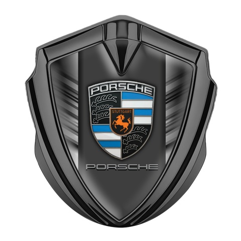 Porsche Emblem Aufkleber Autozubehor Graphit Tonfarbe mit Stahlstempel effekt und Blau Orange logo