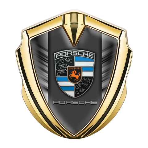 Porsche Emblem Aufkleber Autozubehor Goldtonfarbe mit Stahlstempel effekt und Blau Orange logo