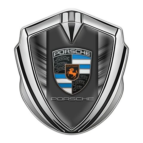 Porsche Emblem Aufkleber Autozubehor Silbertonfarbe mit Stahlstempel effekt und Blau Orange logo