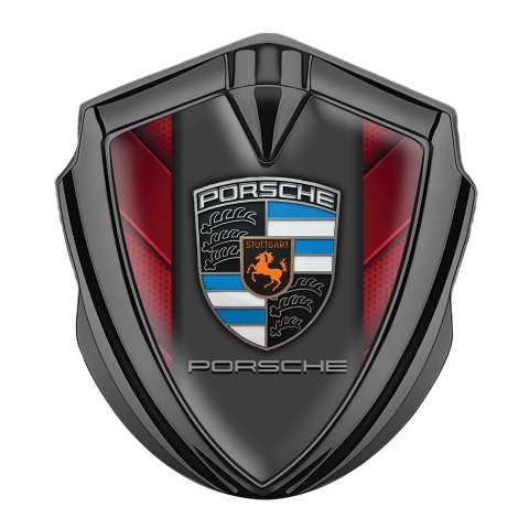 Porsche Emblem Logo Schriftzug Aufkleber Graphit Tonfarbe mit Rote Segel hintergrund Ant Grau Panel Logo