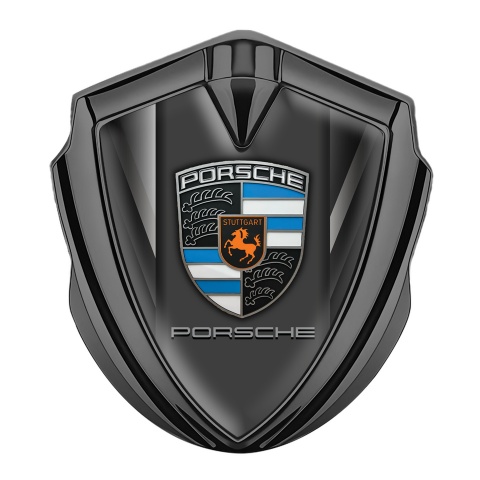 Porsche Seitenflugel Emblem Aufkleber Graphit Tonfarbe mit Graue Streifen Basis und Blau Orange Motiv Logo