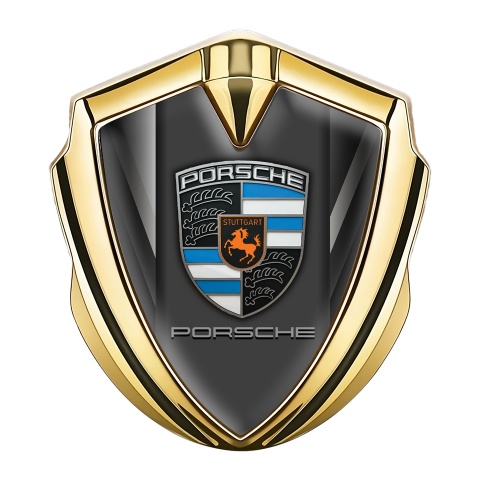 Porsche Seitenflugel Emblem Aufkleber Goldtonfarbe mit Graue Streifen Basis und Blau Orange Motiv Logo