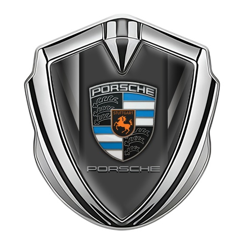 Porsche Seitenflugel Emblem Aufkleber Silbertonfarbe mit Graue Streifen Basis und Blau Orange Motiv Logo