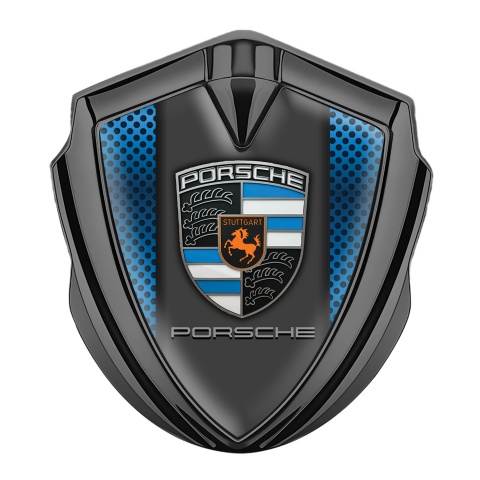 Porsche Emblem Abzeichen Graphit Tonfarbe mit Blaues Netzwerk Effekt Und Grau Panel Logo