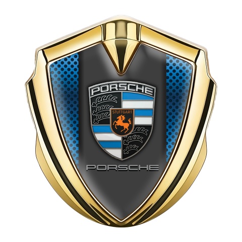 Porsche Emblem Abzeichen Goldtonfarbe mit Blaues Netzwerk Effekt Und Grau Panel Logo
