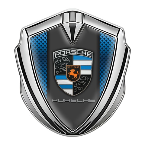 Porsche Emblem Abzeichen Silbertonfarbe mit Blaues Netzwerk Effekt Und Grau Panel Logo