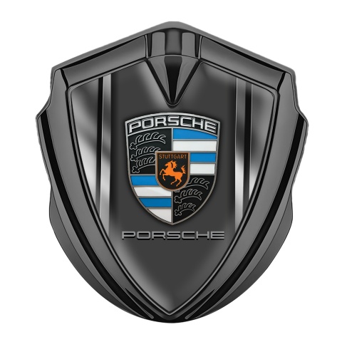 Porsche Emblem Abzeichen Graphit Tonfarbe mit Metallrahmen effekt und Grau Panel Logo