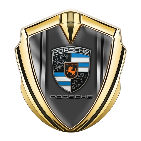 Porsche Emblem Abzeichen Goldtonfarbe mit Metallrahmen effekt und Grau Panel Logo