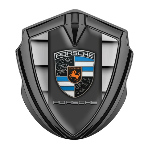 Porsche Emblem Abzeichen selbstklebend Graphit Tonfarbe mit Stahlsegel Basis und Grau Panel Logo