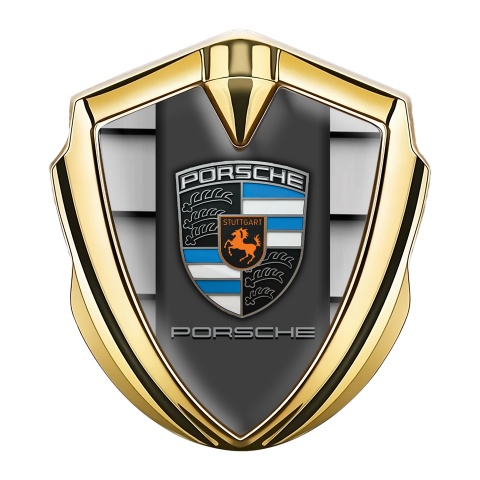 Porsche Emblem Abzeichen selbstklebend Goldtonfarbe mit Stahlsegel Basis und Grau Panel Logo