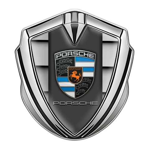 Porsche Emblem Abzeichen selbstklebend Silbertonfarbe mit Stahlsegel Basis und Grau Panel Logo