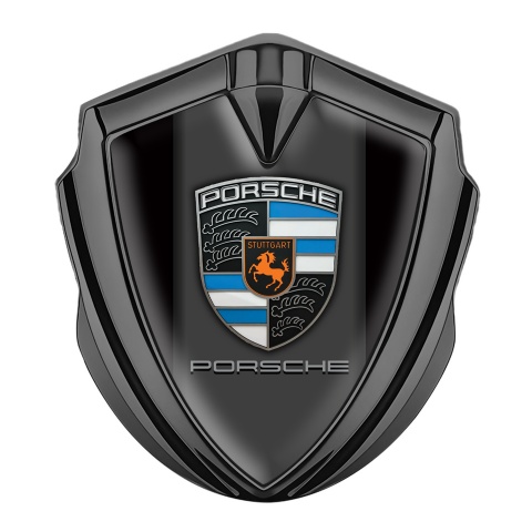 Porsche Abzeichen selbstklebend Graphit Tonfarbe mit Schwarz Fundaments und Grau Panel logo