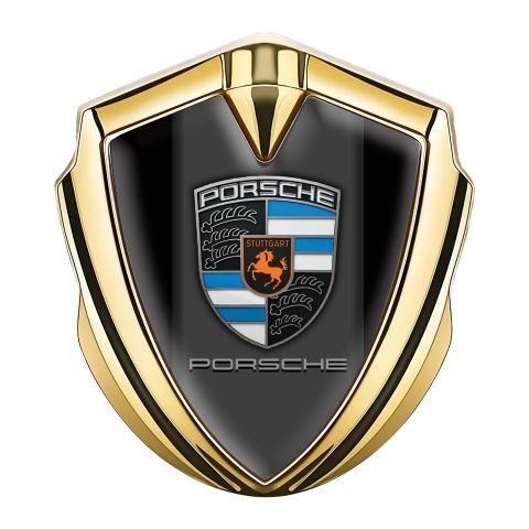 Porsche Abzeichen selbstklebend Goldtonfarbe mit Schwarz Fundaments und Grau Panel logo