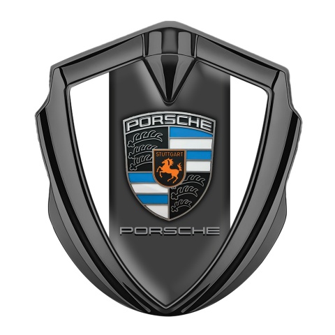 Porsche Emblem Abzeichen selbstklebend Graphit Tonfarbe mit Weiss Fundaments und Grau Panel Logo