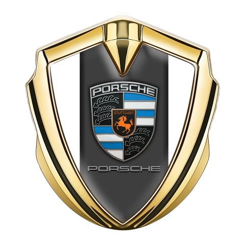 Porsche Emblem Abzeichen selbstklebend Goldtonfarbe mit Weiss Fundaments und Grau Panel Logo
