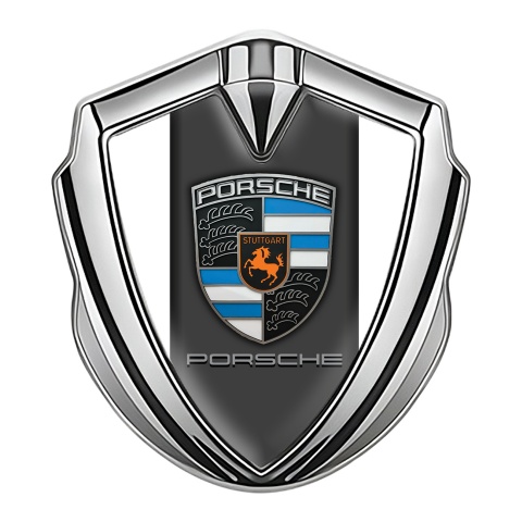 Porsche Emblem Abzeichen selbstklebend Silbertonfarbe mit Weiss Fundaments und Grau Panel Logo