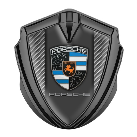 Porsche Emblem Abzeichen selbst Graphit Tonfarbe mit Hell Carbon Hintergrund und Grau Logo Panel