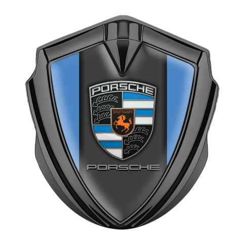 Porsche Emblem Aufkleber Autozubehor  Graphit Tonfarbe Blau Basis und Grau Logo Panel