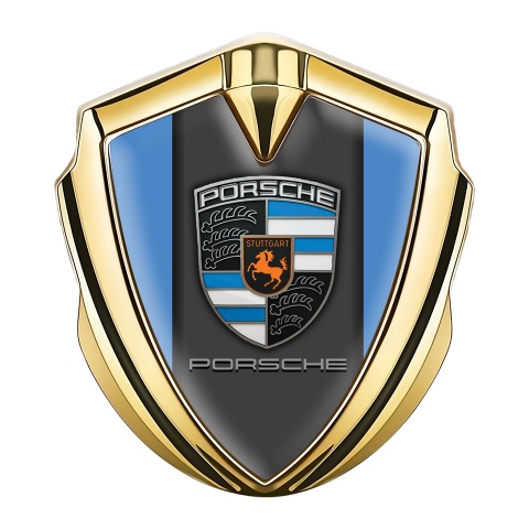 Porsche Emblem Aufkleber Autozubehor Goldtonfarbe Blau Basis und Grau Logo Panel