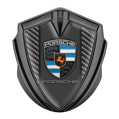 Porsche Selbstklebendes Metallaufkleber Emblem Graphit Tonfarbe Kohlenstoff Hintergrund und Grau Panel