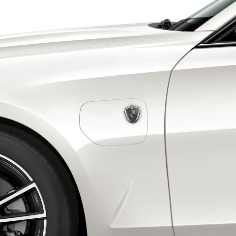 Porsche Selbstklebendes Metallaufkleber Emblem Silbertonfarbe Kohlenstoff Hintergrund und Grau Panel