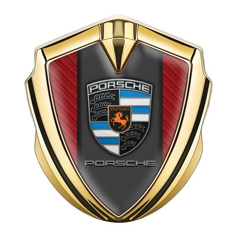 Porsche Seitenflugel Emblem Aufkleber Goldtonfarbe mit Rot carbon Hintergrund und Grau Panel Logo