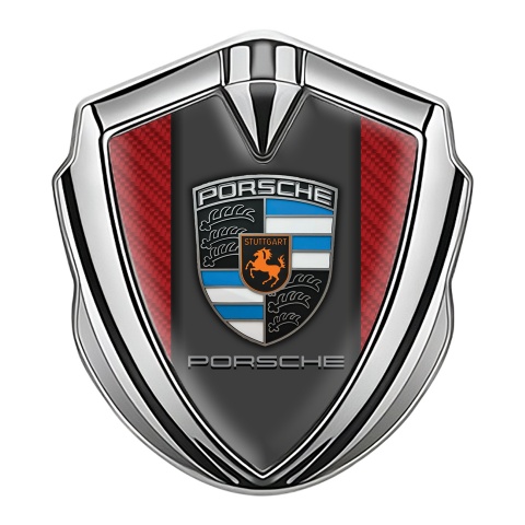 Porsche Seitenflugel Emblem Aufkleber Silbertonfarbe mit Rot carbon Hintergrund und Grau Panel Logo