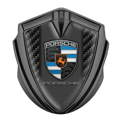 Porsche Emblem Abzeichen Graphit Tonfarbe mit Schwarz Kohlenstoff Fundaments Design