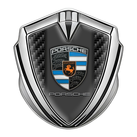 Porsche Emblem Abzeichen Silbertonfarbe mit Schwarz Kohlenstoff Fundaments Design