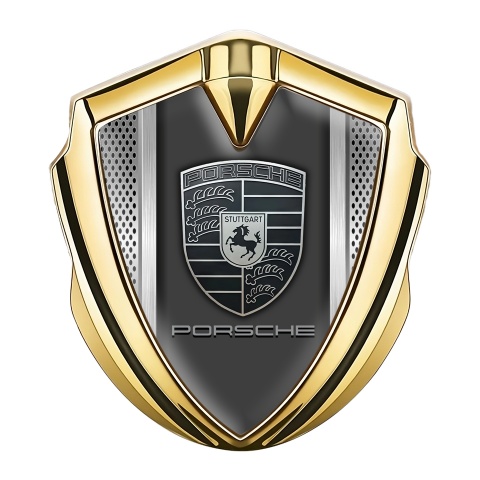 Porsche Emblem Abzeichen selbstklebend Goldtonfarbe Stahlgeflecht Effekt und Monochromes Logo