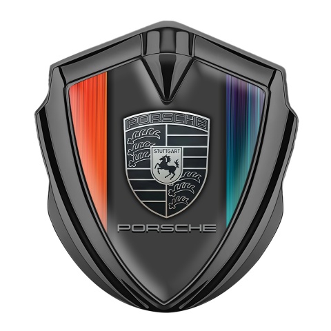 Porsche Emblem Auto Zeichen Graphit Tonfarbe mit Blau orangefarbene Haalften Basis und monochromes Logo