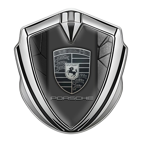 Porsche Emblem Aufkleber Autozubehor Silbertonfarbe mit Grau Mosaik Basis und monochromes Logo
