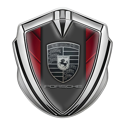 Porsche Seitenflugel Emblem Aufkleber Silbertonfarbe mit Rote V Formind Elemente Design