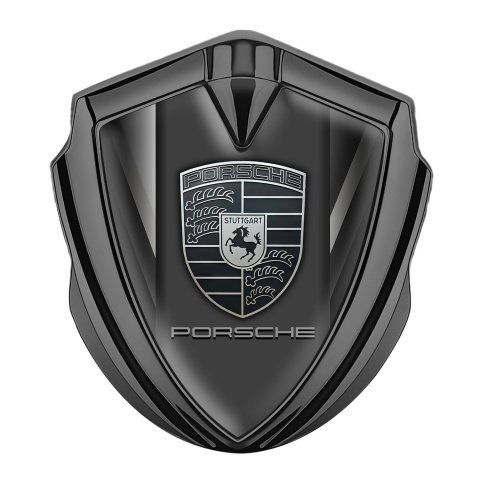 Porsche Emblem Abzeichen Graphit Tonfarbe mit Symmetrische Linien Hintergrund und monochromes Logo