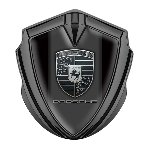 Porsche Emblem Logo Schriftzug Aufkleber mit Graphit Tonfarbe Schwarz Basis und Monochromes Logo