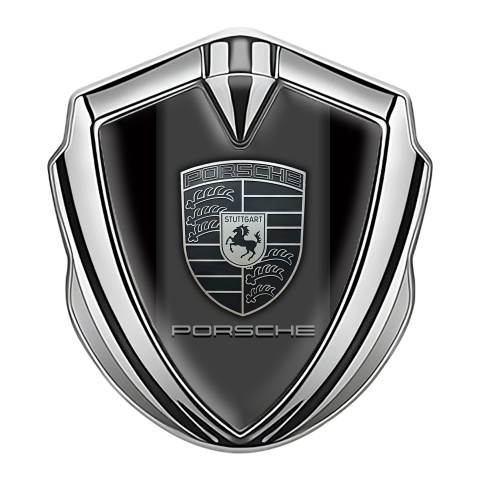 Porsche Emblem Logo Schriftzug Aufkleber mit Silbertonfarbe Schwarz Basis und Monochromes Logo