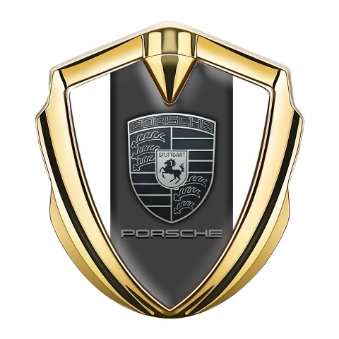 Porsche Seitenflugel Emblem Aufkleber Goldtonfarbe mit weiss hintergrund und Monochromes Logo