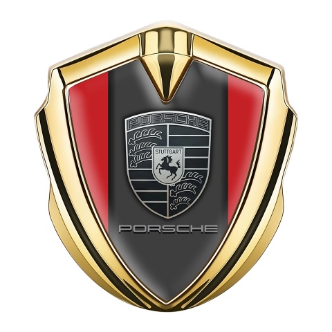 Porsche Emblem Abzeichen Goldtonfarbe mit Rot hintergrund und Monochromes Logo