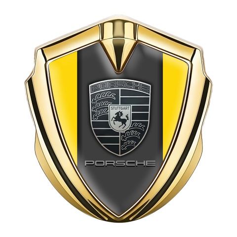 Porsche Abzeichen selbstklebend Goldtonfarbe mit Gelb Hintergrund und Monochromes Logo