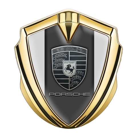 Porsche Emblem Aufkleber Autozubehor Goldtonfarbe mit Grau Hintergrund und Monochromes Logo
