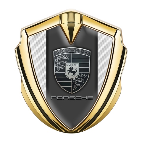 Porsche Emblem Logo Schriftzug Aufkleber Goldtonfarbe mit Weiss Carbon Variante und Monochromes Logo