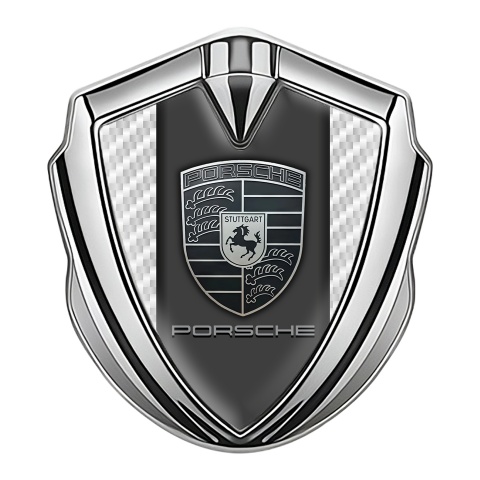 Porsche Emblem Logo Schriftzug Aufkleber Silbertonfarbe mit Weiss Carbon Variante und Monochromes Logo