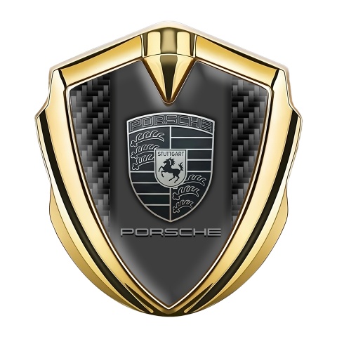 Porsche Emblem Abzeichen Goldtonfarbe mit Dunkel Kohlenstoff Fundaments Auflage