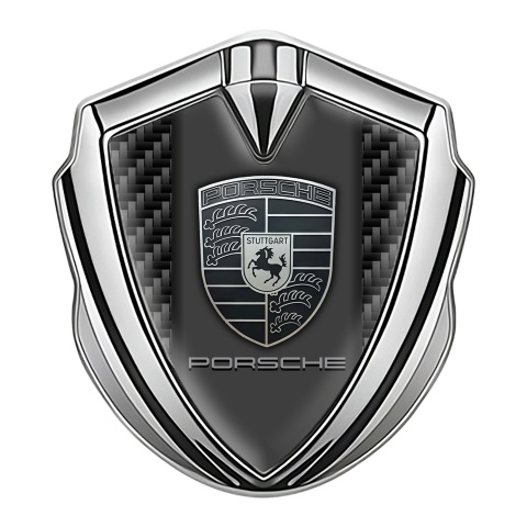 Porsche Emblem Abzeichen Silbertonfarbe mit Dunkel Kohlenstoff Fundaments Auflage