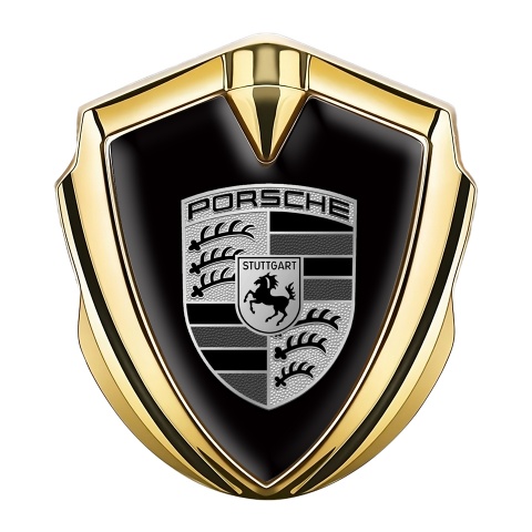 Porsche Abzeichen selbstklebend Goldtonfarbe mit Schwarz Hintergrund und Grau Schwarz Logo